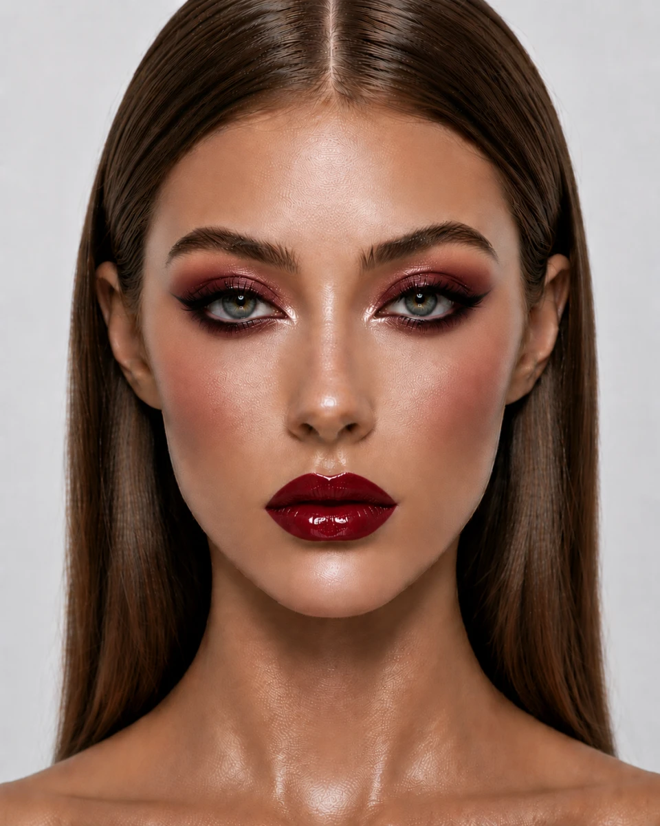 Cherry Red Glam — makeup for bright and bold evening looks.
